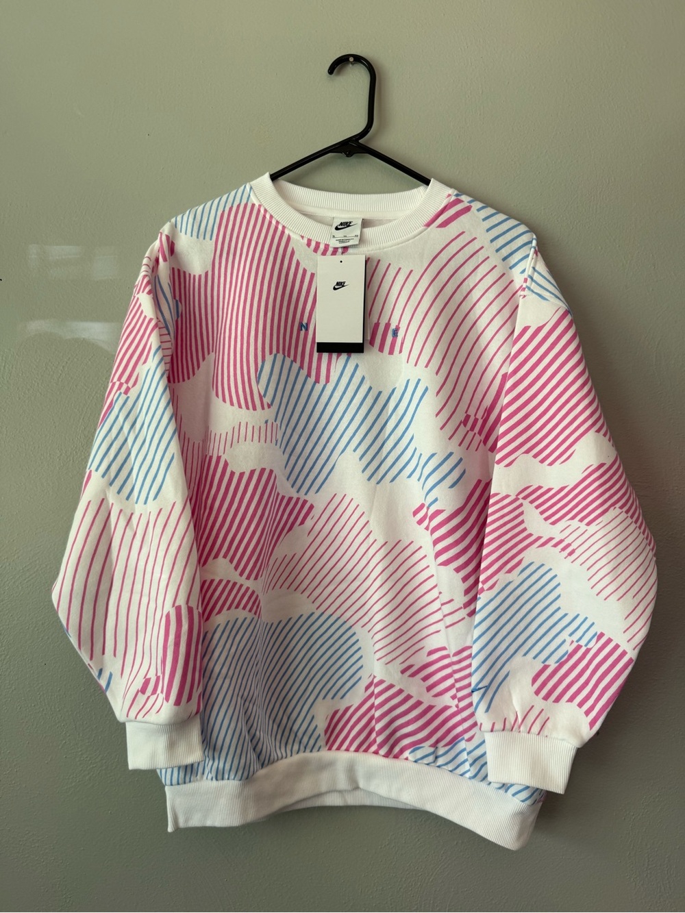 Nike White Crewneck Sweater with Pink & Light Blue Stripes